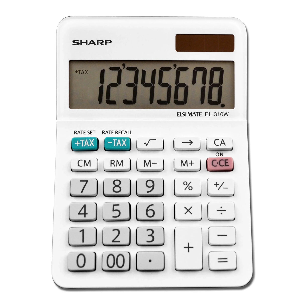White 8-digit desktop calculator with large LCD display, tax and basic function keys