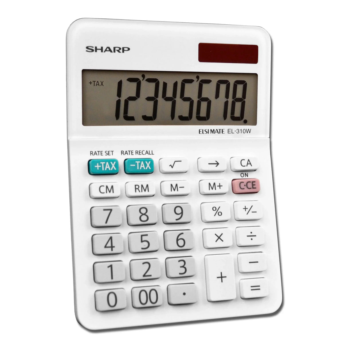 White 8-digit desktop calculator with large LCD, tax and function buttons