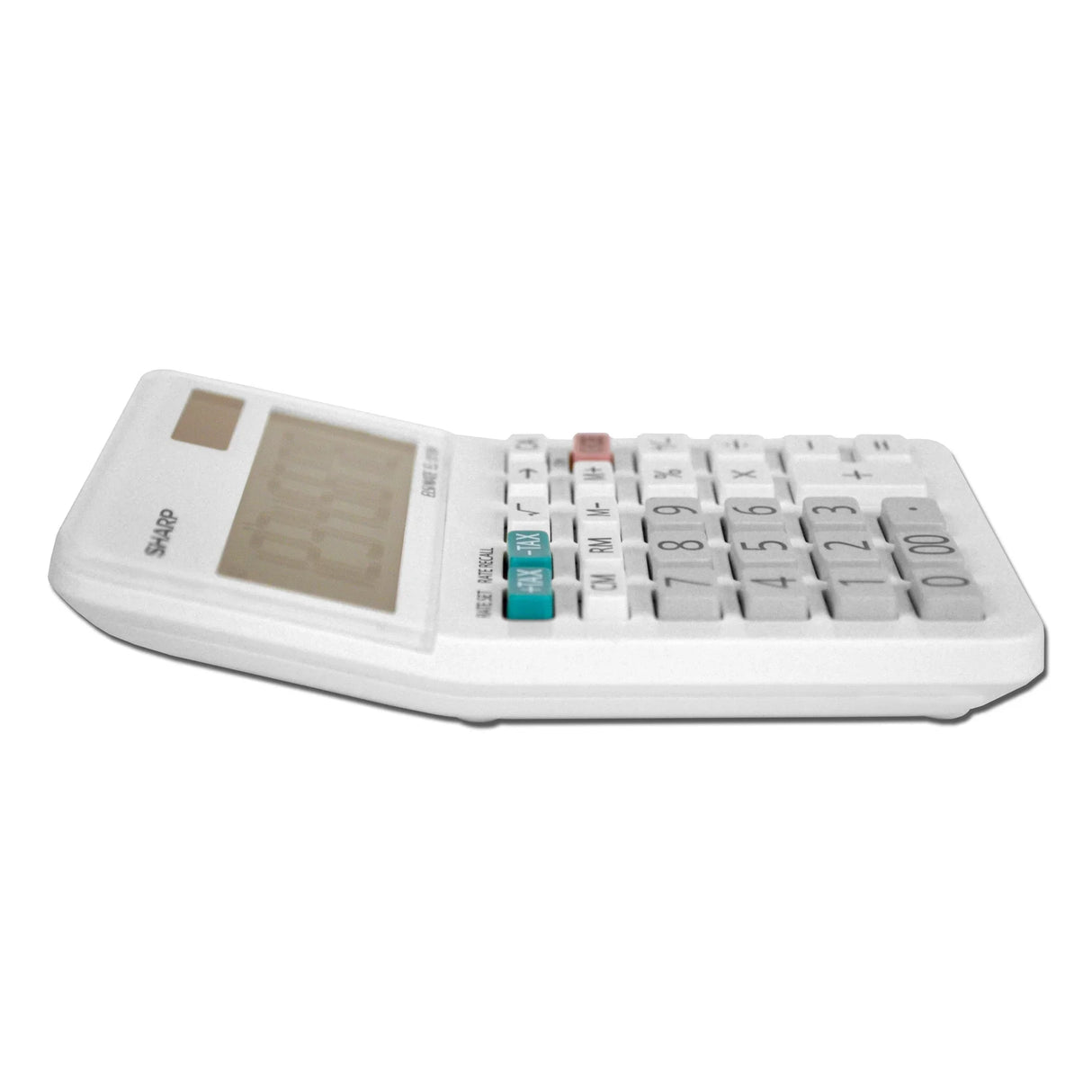 8-digit mini desktop calculator with angled display and white keypad, on white background