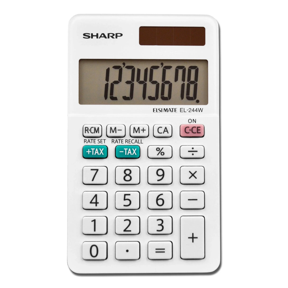 8-digit pocket calculator with large display, white keys, and tax calculation buttons