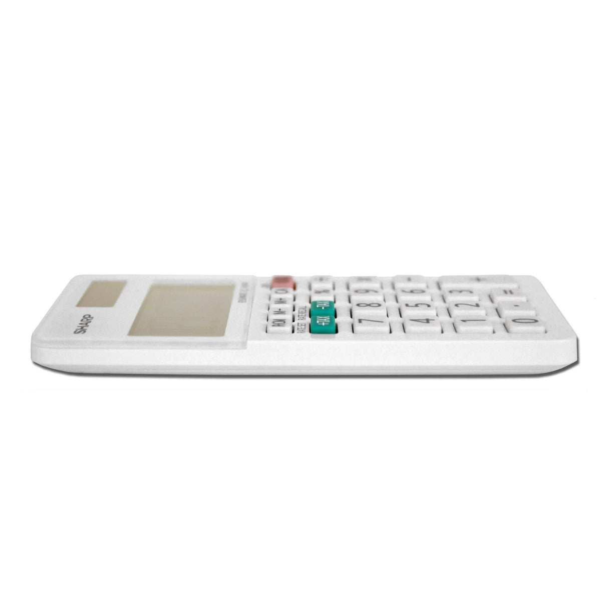 Slim white pocket calculator with large buttons and display, viewed from the side