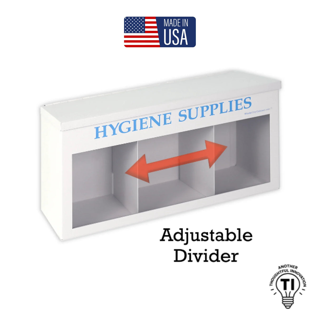 White hygiene supplies organizer with adjustable divider and three compartments, made in USA