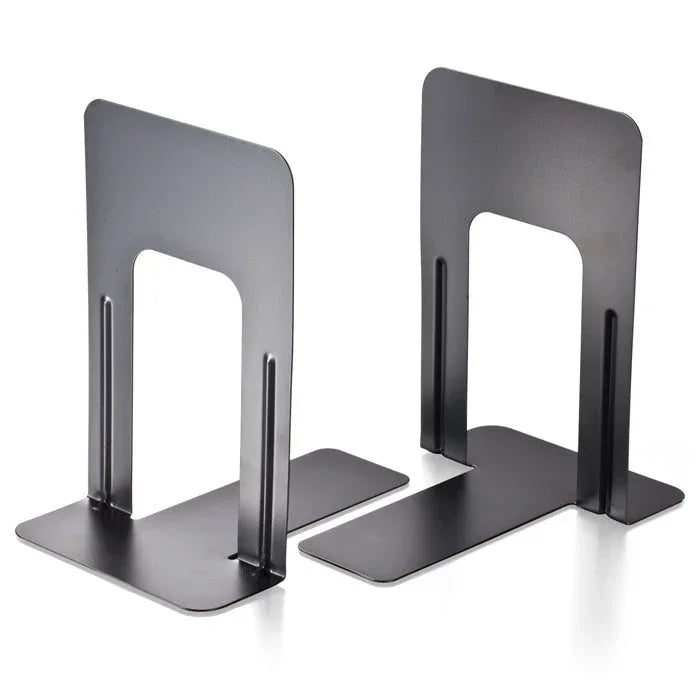 Black metal bookends for organizing books and office supplies on desks or shelves