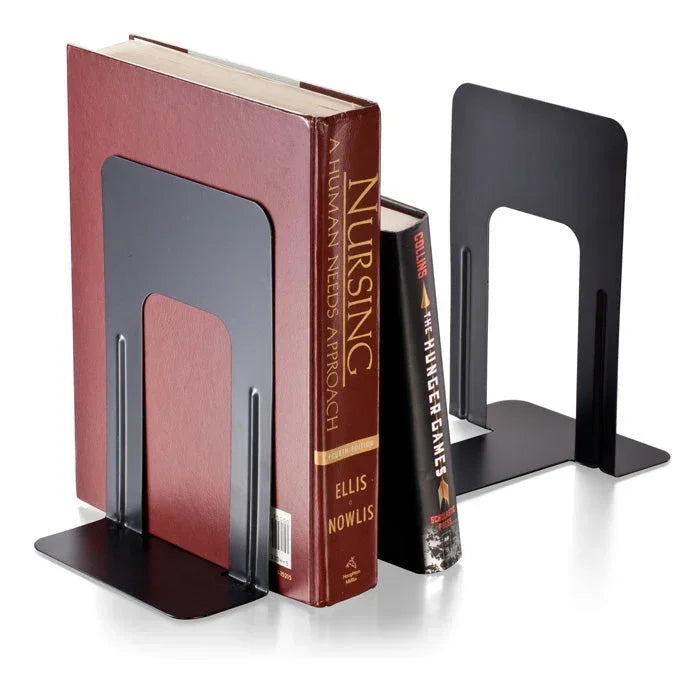 Black metal bookends holding textbooks for office or school organization
