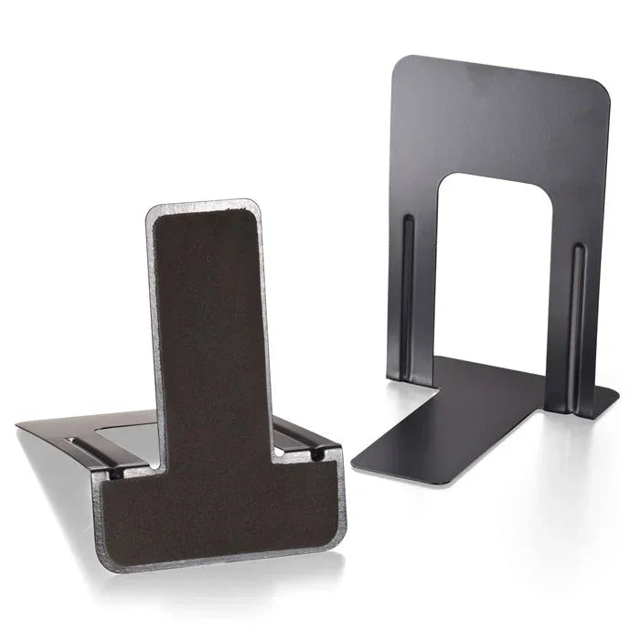 Black metal bookends for office or school desk organization and workspace efficiency