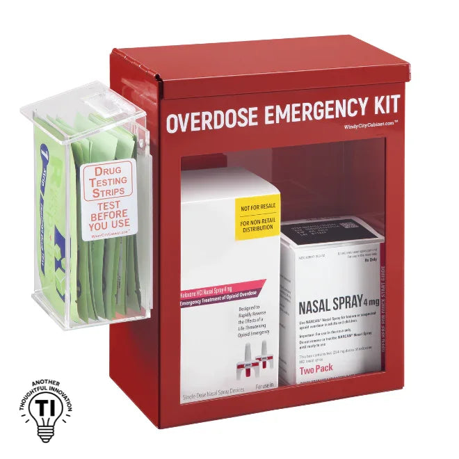 Red overdose emergency kit with nasal spray and drug testing strips for workplace safety