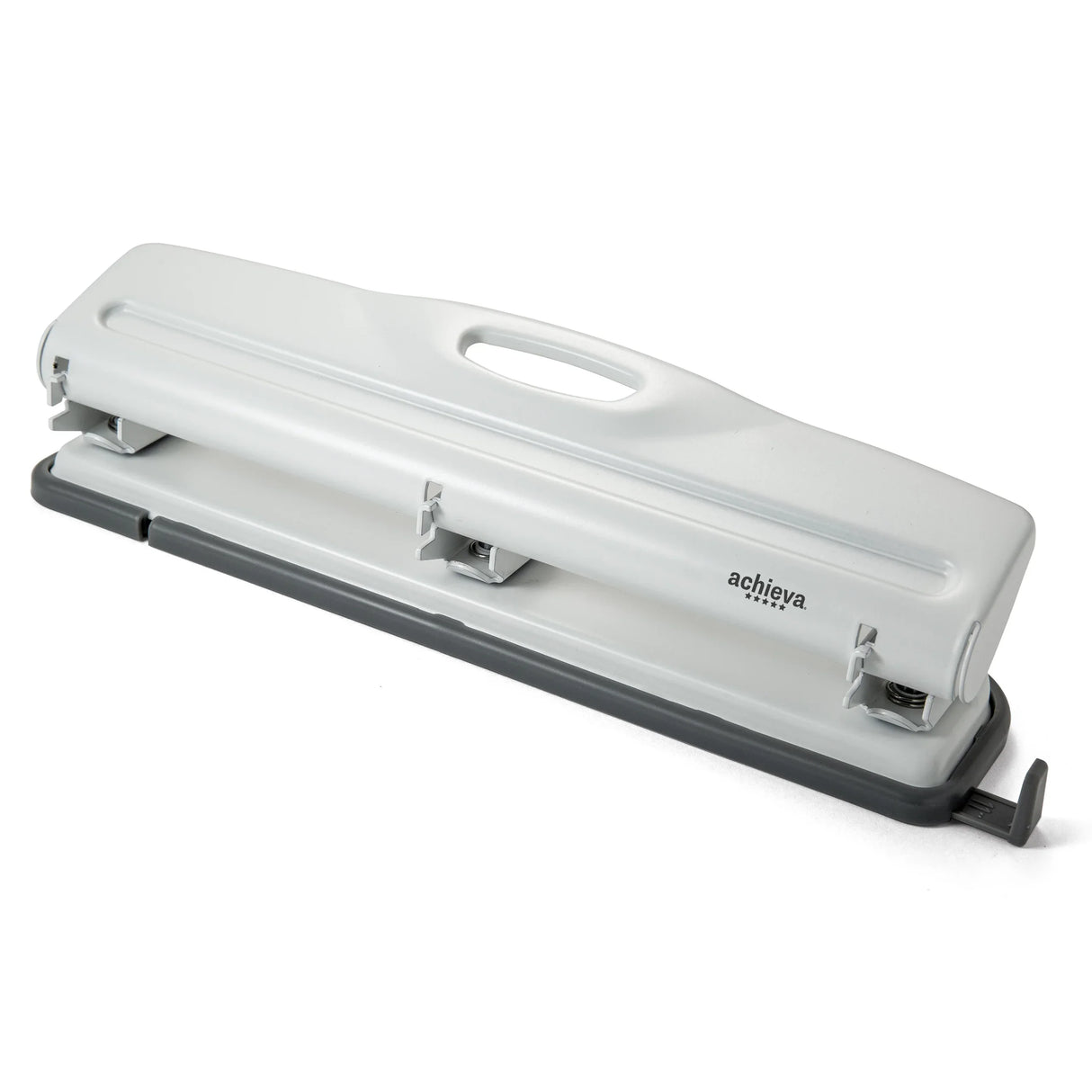 Three-hole punch office tool with gray and black design on white background