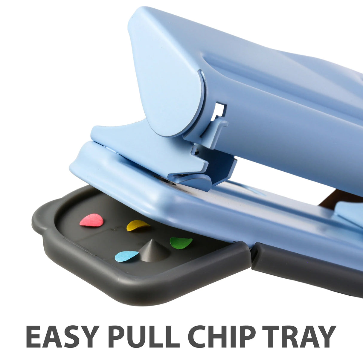 Blue hole punch with easy pull chip tray and colored paper chips