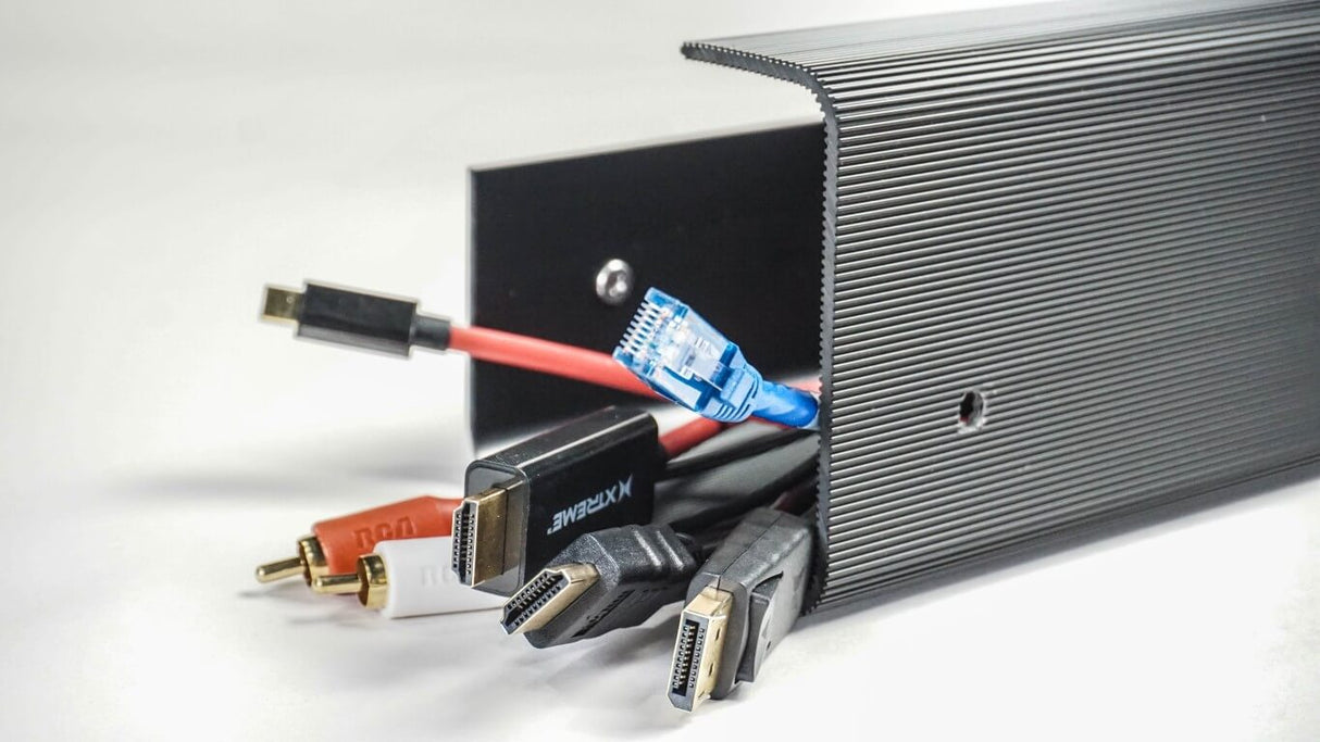 Cables connected to a black electronic device on a white background