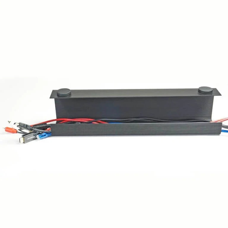 Officemate MagnetPlus Magnetic Cable Tray holding black and red power cables