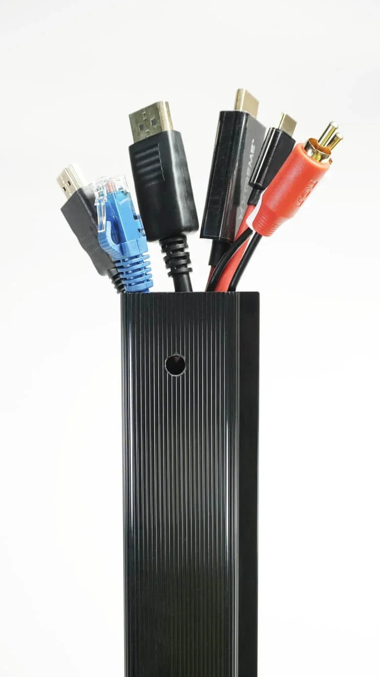 Officemate Magnetic Cable Management Bundle holding various HDMI, Ethernet, and RCA cables.