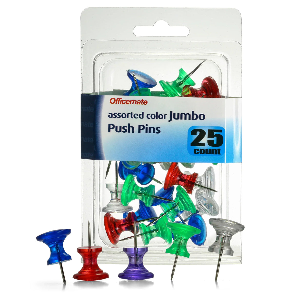 Officemate assorted color jumbo push pins, 25 count, in clear packaging with blue, red, green, purple, and clear pins displayed.
