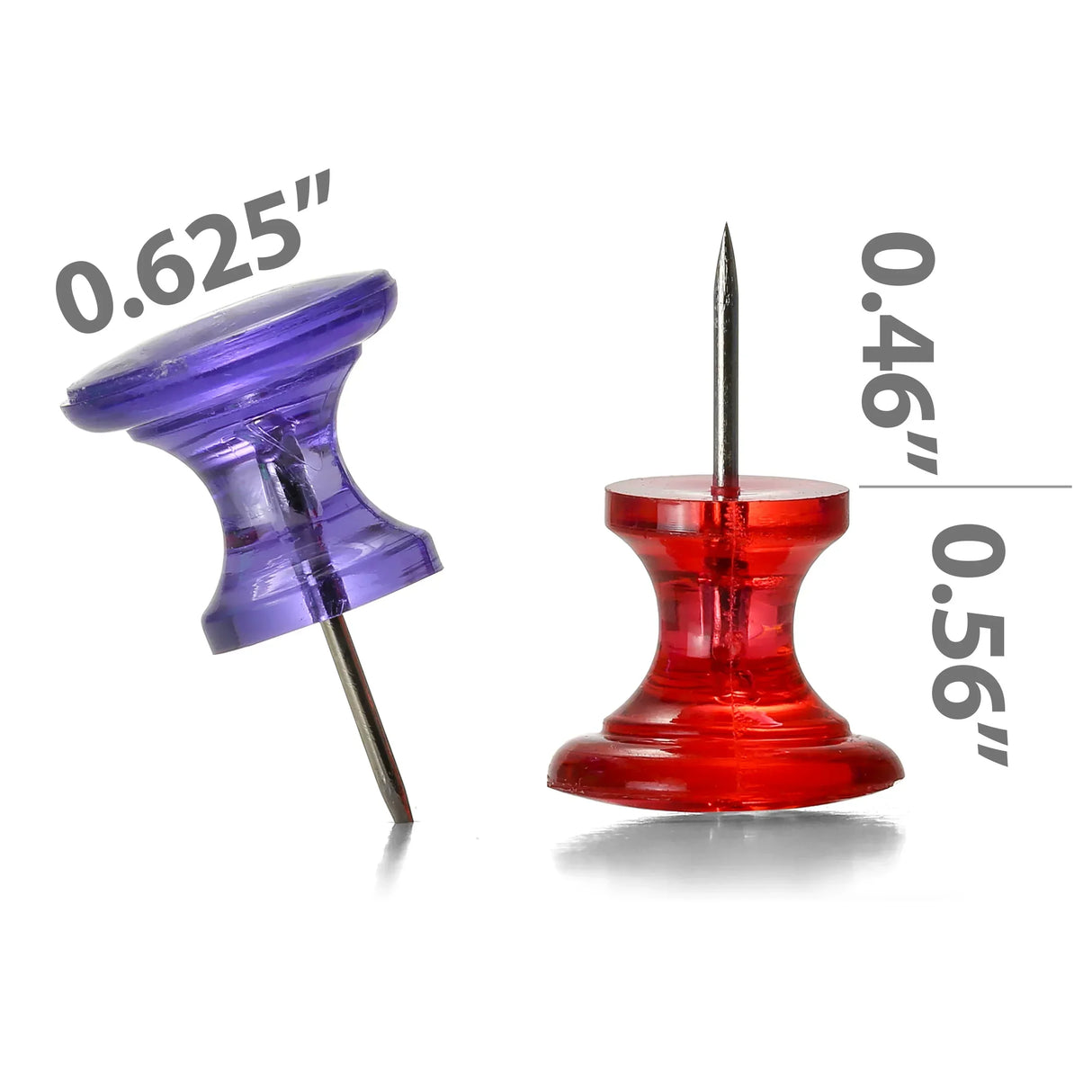 Purple and red transparent push pins with size measurements for office organization