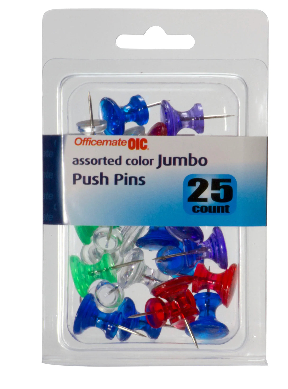 Assorted color jumbo push pins, 25 count, in clear packaging for office or school use.