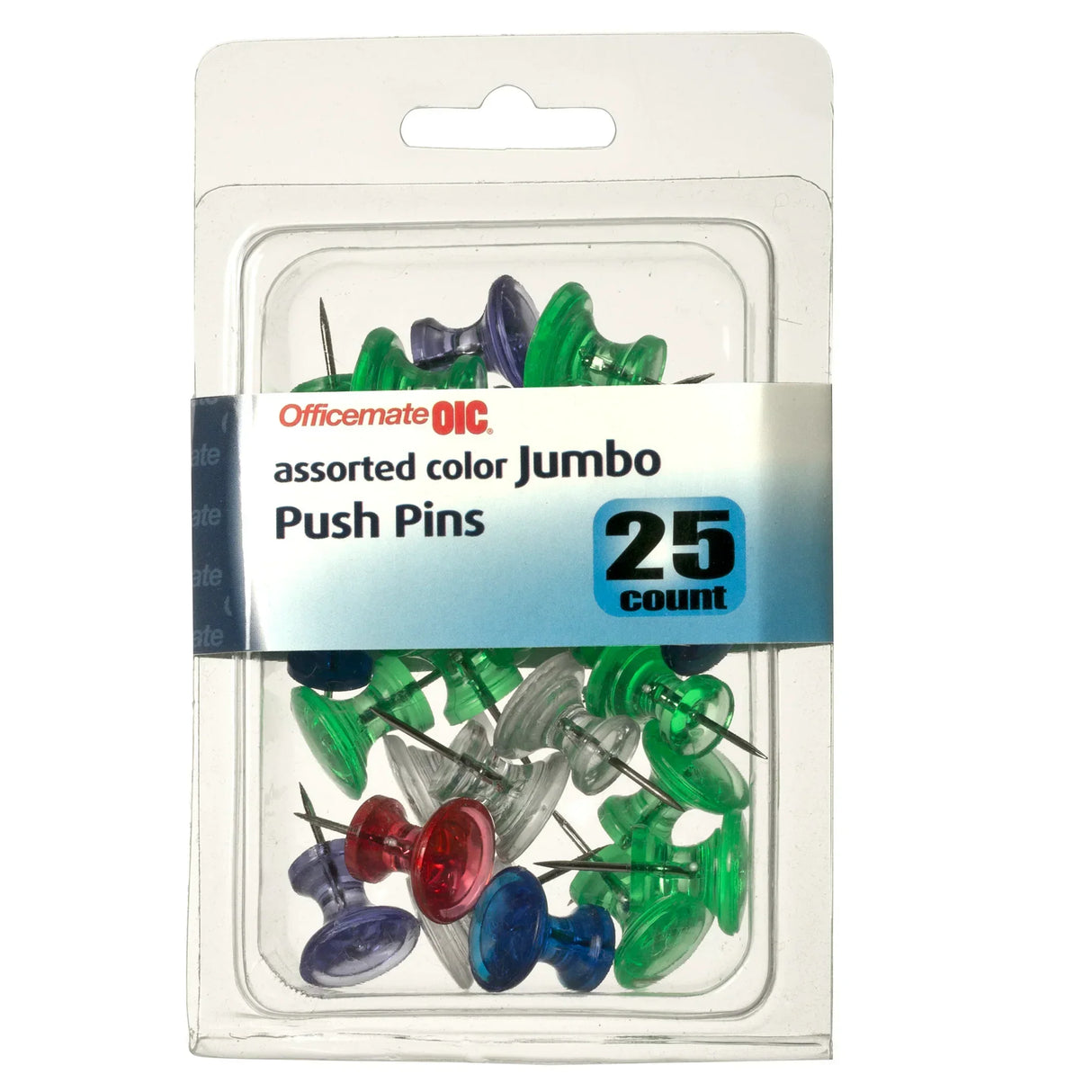 Officemate OIC assorted color jumbo push pins, 25 count, for office and school organization