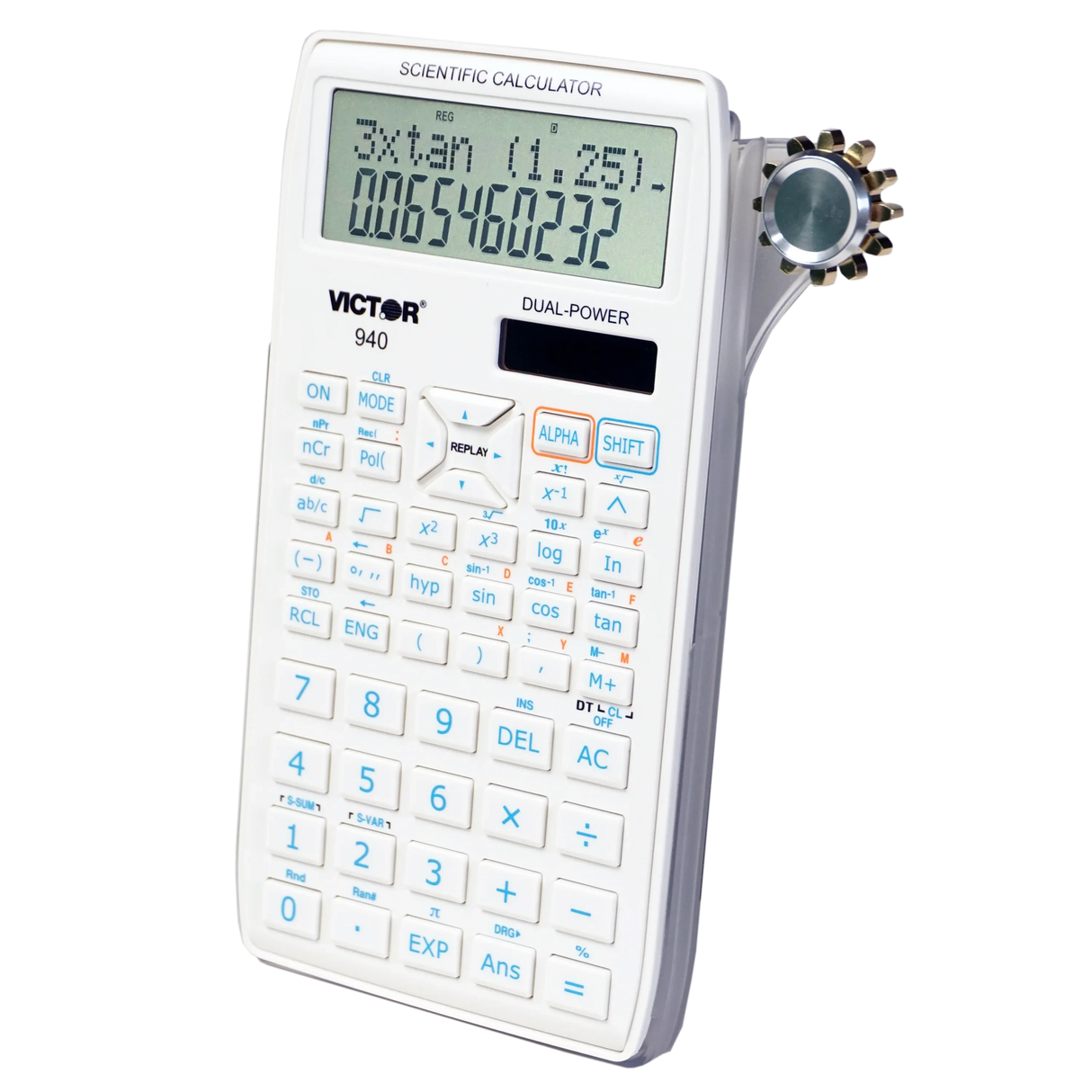 White scientific calculator with dual power, advanced function buttons, and angled display