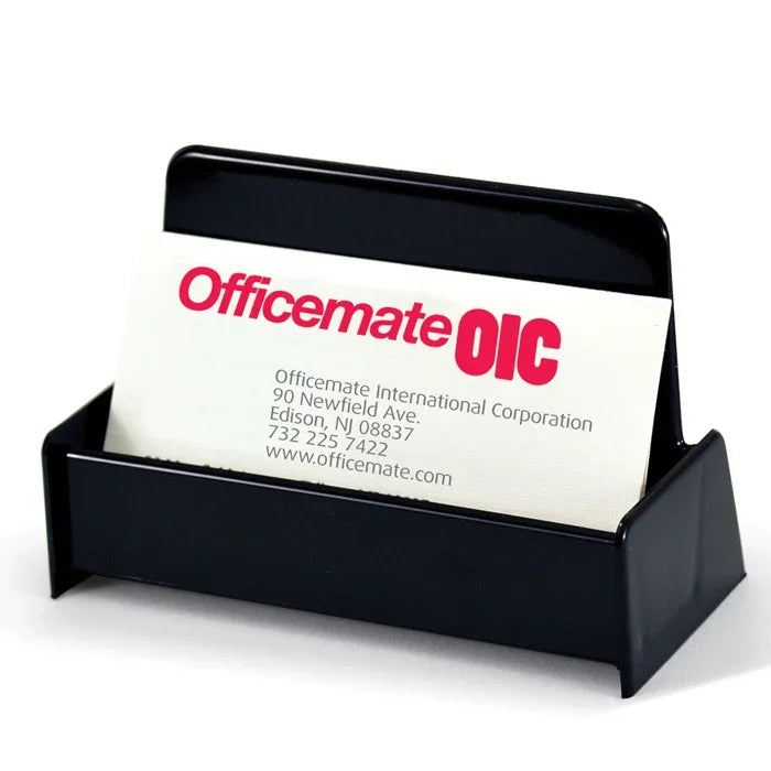 Black Officemate® business card holder containing a sample business card.