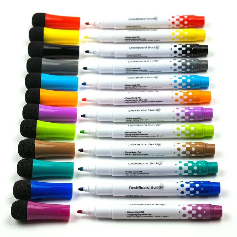 Set of colorful dry erase markers with eraser caps, ideal for whiteboards and office use.