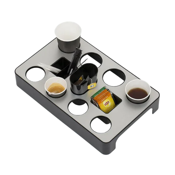 Aluminum capsule dispenser organizer with cups, tea packets, stirrers, and beverage slots