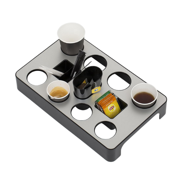 Aluminum capsule dispenser organizer with cups, tea packets, stirrers, and beverage slots