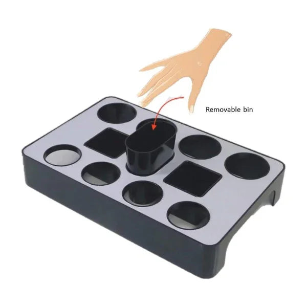 Universal capsules dispenser with multiple slots, metal grey and black, removable bin highlighted