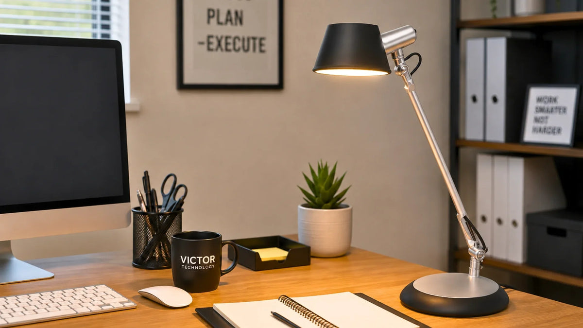 Alba Black LED Desk Lamp with adjustable articulated arm on a wooden office desk