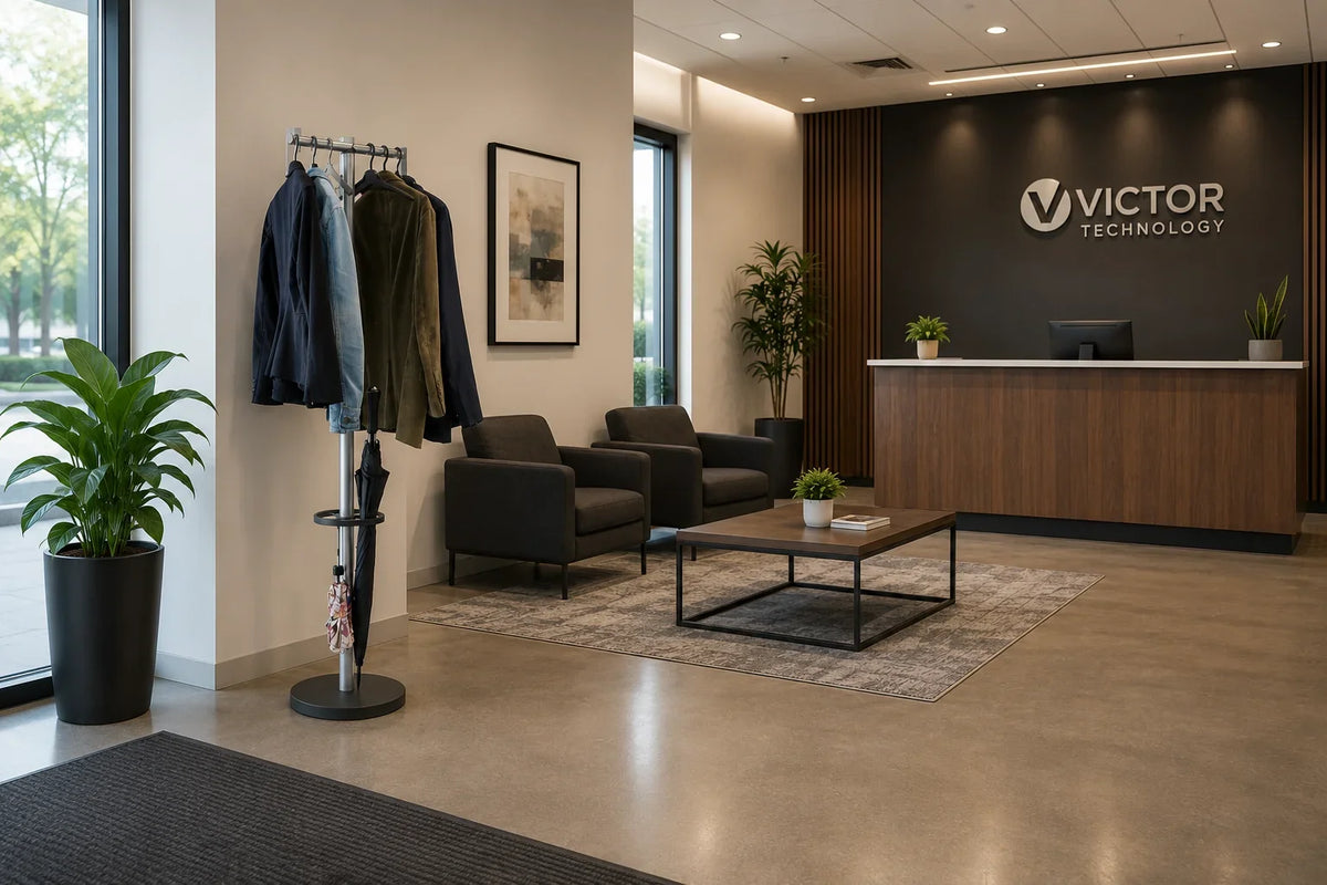 Alba coat stand and garment rack with hangers and umbrella holder in a modern office lobby