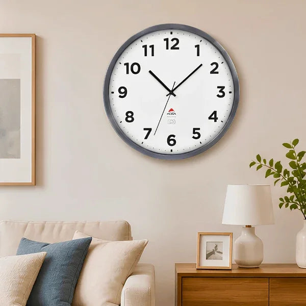 Alba Extra Inoxydable indoor/outdoor wall clock in silver grey hanging on a neutral wall.