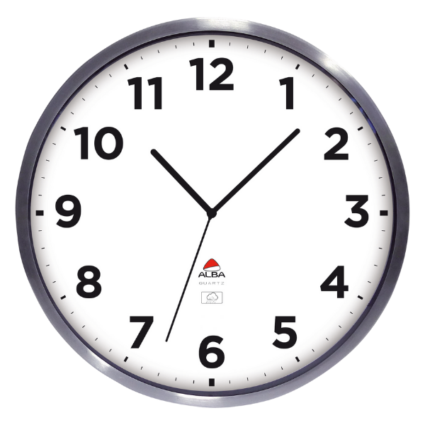 Round outdoor wall clock with silver frame, white face, bold black numbers and Alba logo