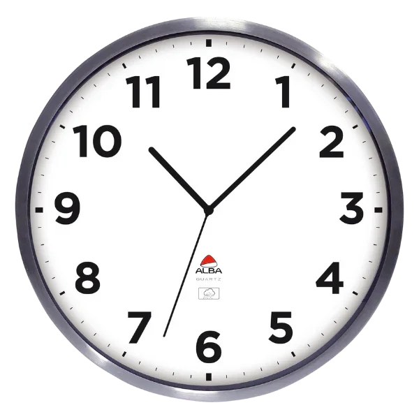 Round outdoor wall clock with silver frame, white face, bold black numbers and Alba logo