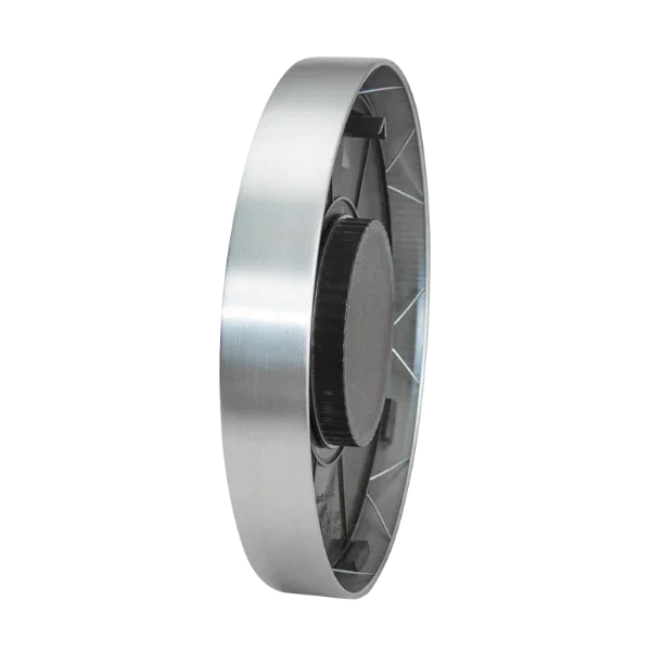 Side view of a round silver outdoor wall clock with stainless steel frame