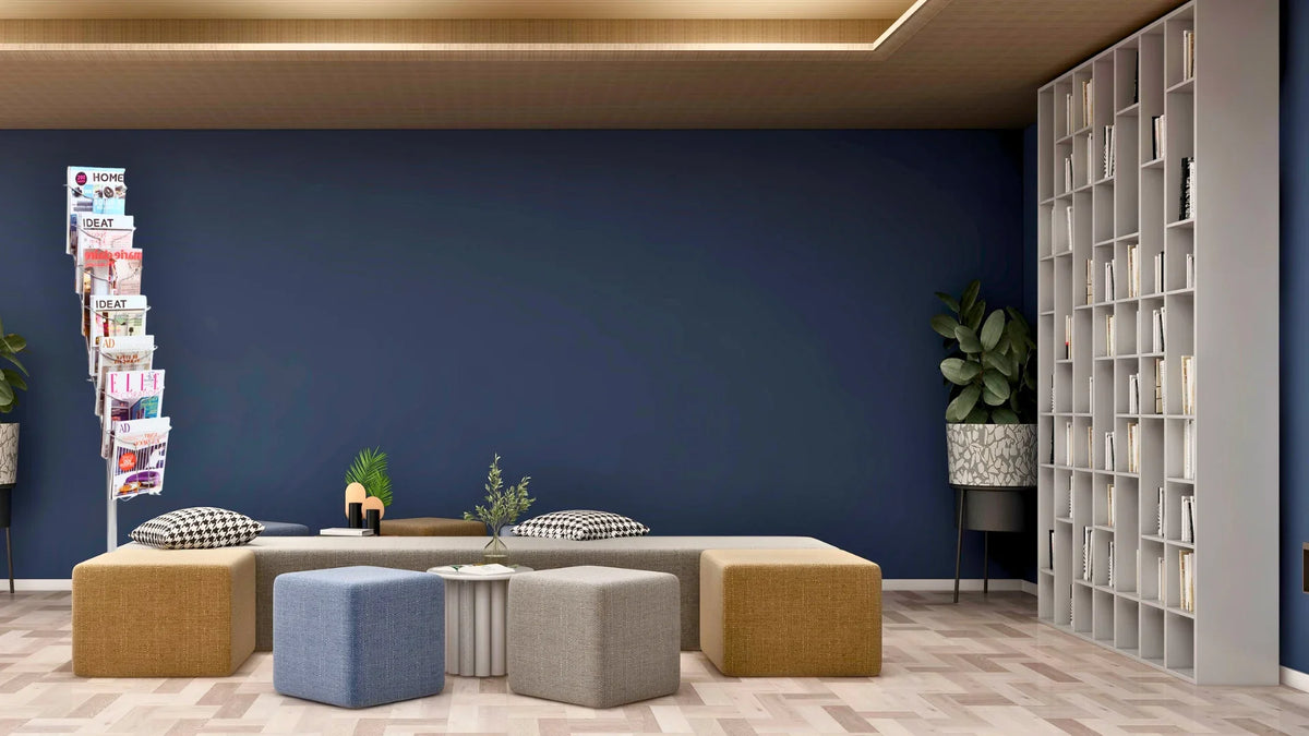 Alba floor standing literature display with 7 compartments in a modern lounge setting