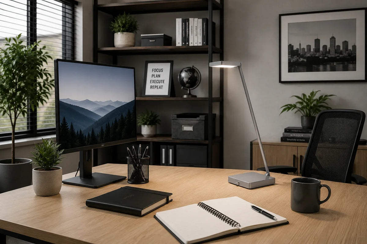 Alba LED silver desk lamp with adjustable arm on a modern wooden office desk workspace