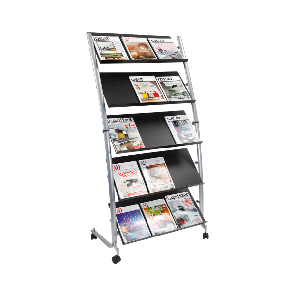 Mobile literature display rack with 15 compartments holding magazines on wheels