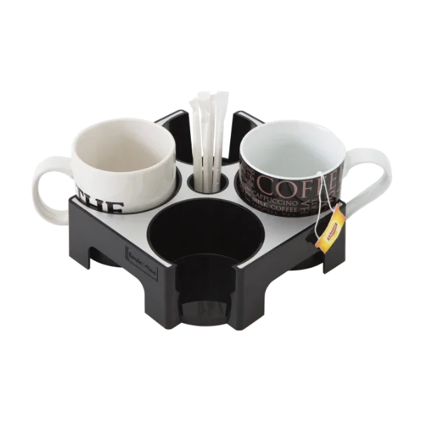 Smart mug and cup carry tray with handles, holding two mugs and stirrers, tea bag visible