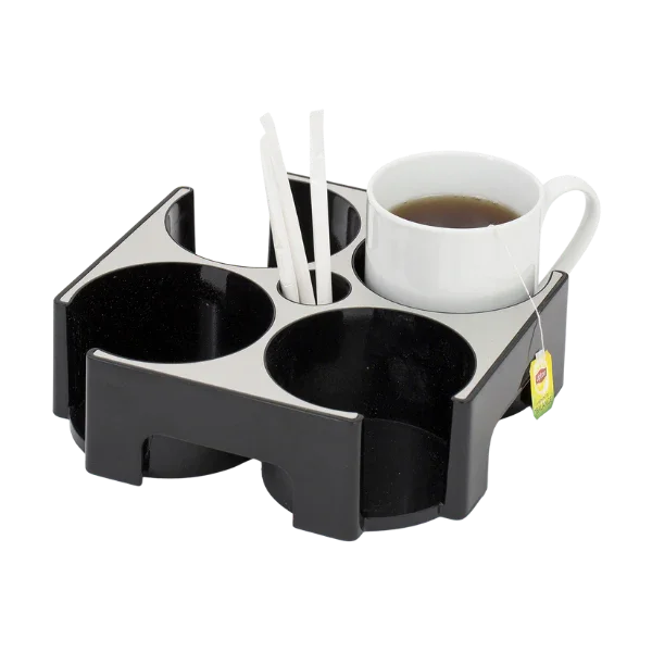 Black and silver smart mug carry tray with a cup of tea and three white stirrers