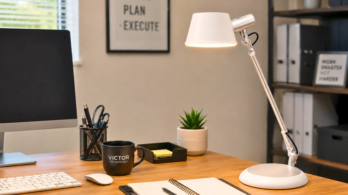 Alba white LED desk lamp with adjustable articulated arm on a modern office desk