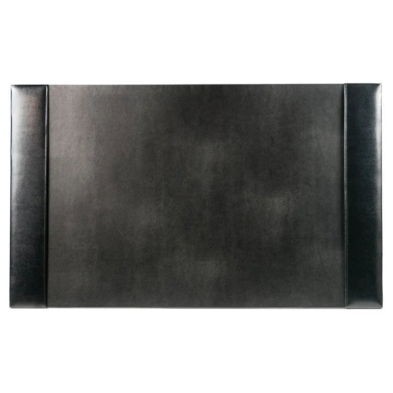 Black bonded leather 30 x 18 inch desk pad with stitched edges on white background