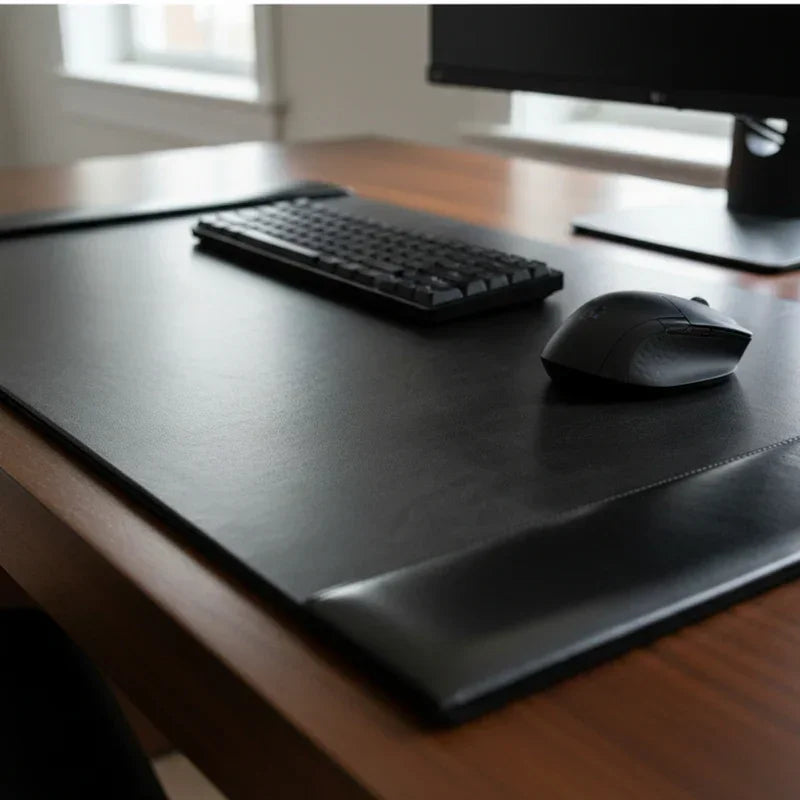 Black bonded leather desk pad with keyboard and mouse on a wooden office desk