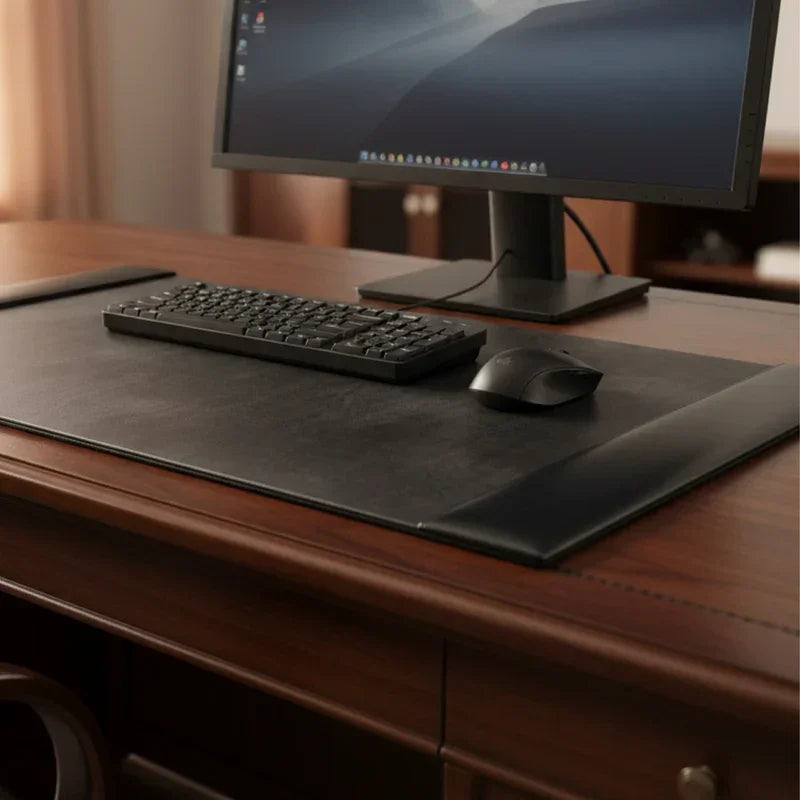 Black bonded leather desk pad on wooden desk with computer keyboard and mouse