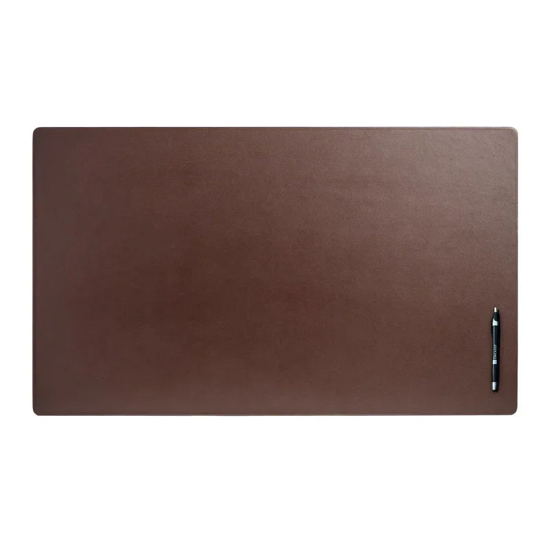 Large brown leather desk mat on white background with a pen on the corner