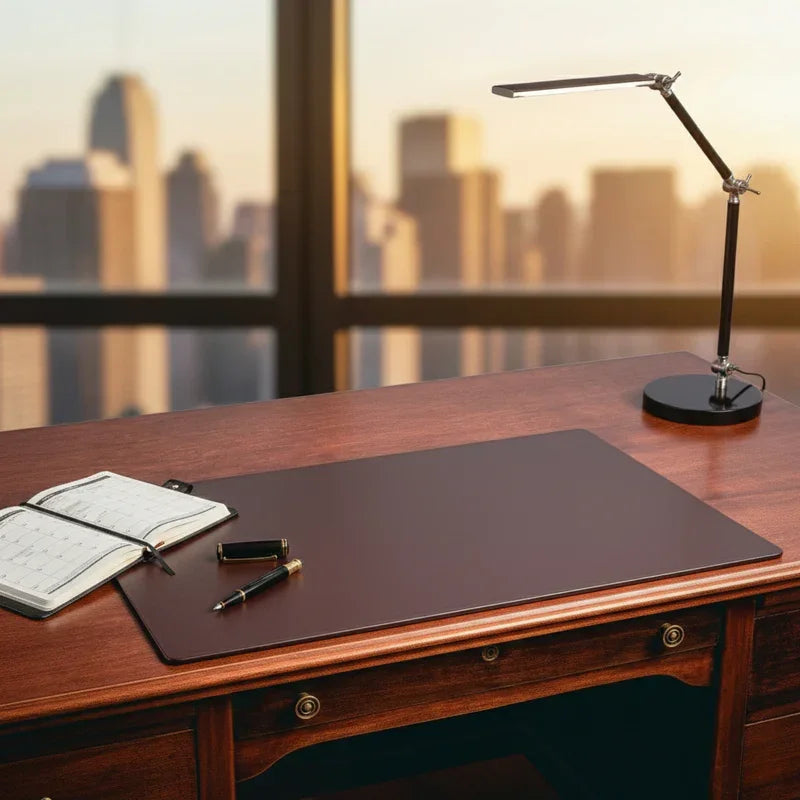 Black chocolate brown leather desk mat on wooden desk with lamp, pen, and planner