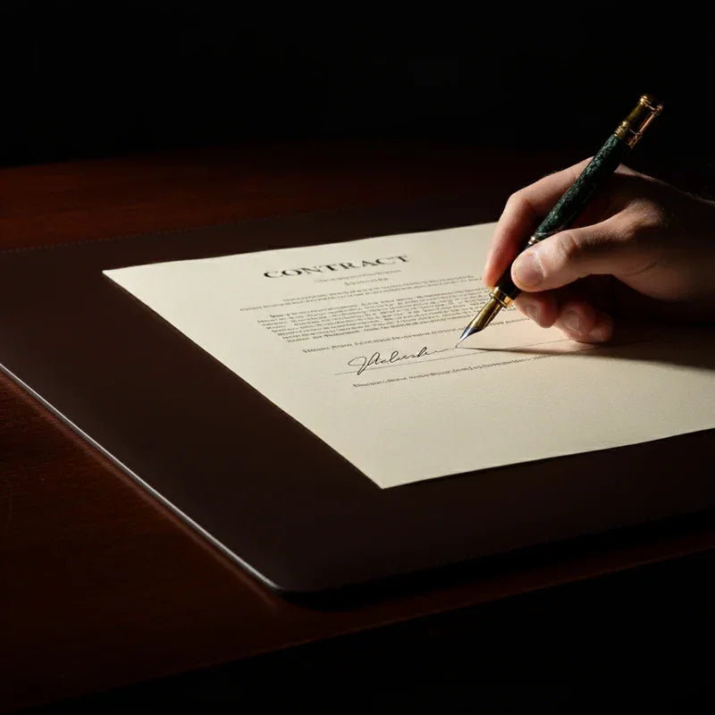 Hand signing paperwork on a black chocolate brown leather desk mat, office workspace setup.