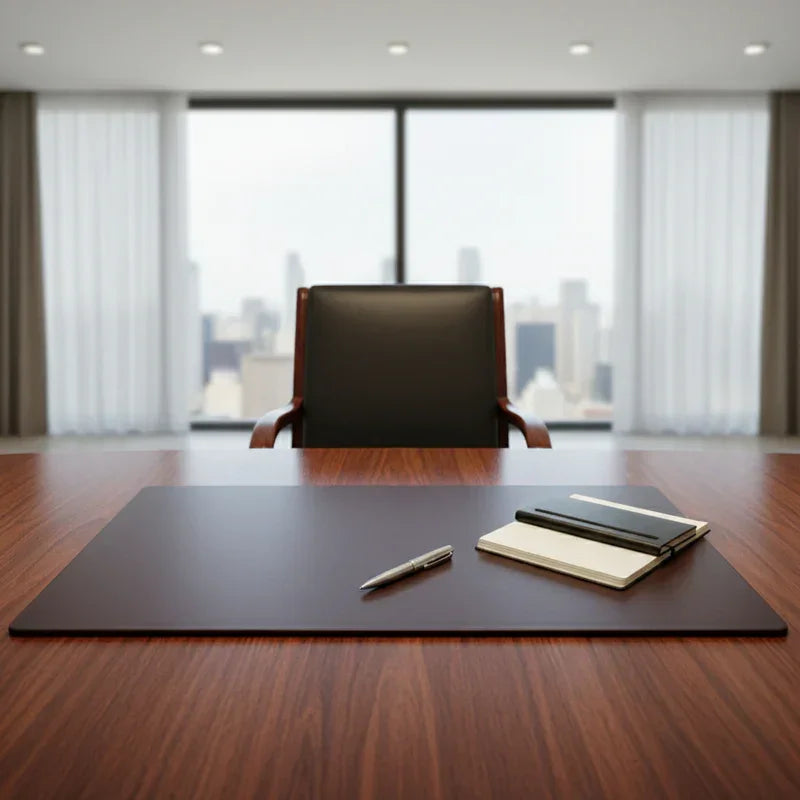 Black and brown leather desk mat on office desk with notebooks and pen, modern workspace
