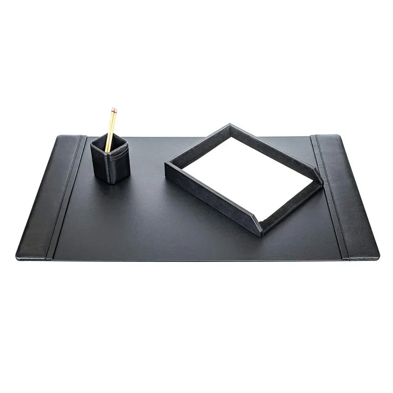Black leather 3-piece desk set with desk pad, letter tray, and pencil holder