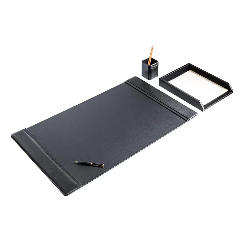 Black leather 3-piece desk set with desk pad, pen holder, and letter tray on white background