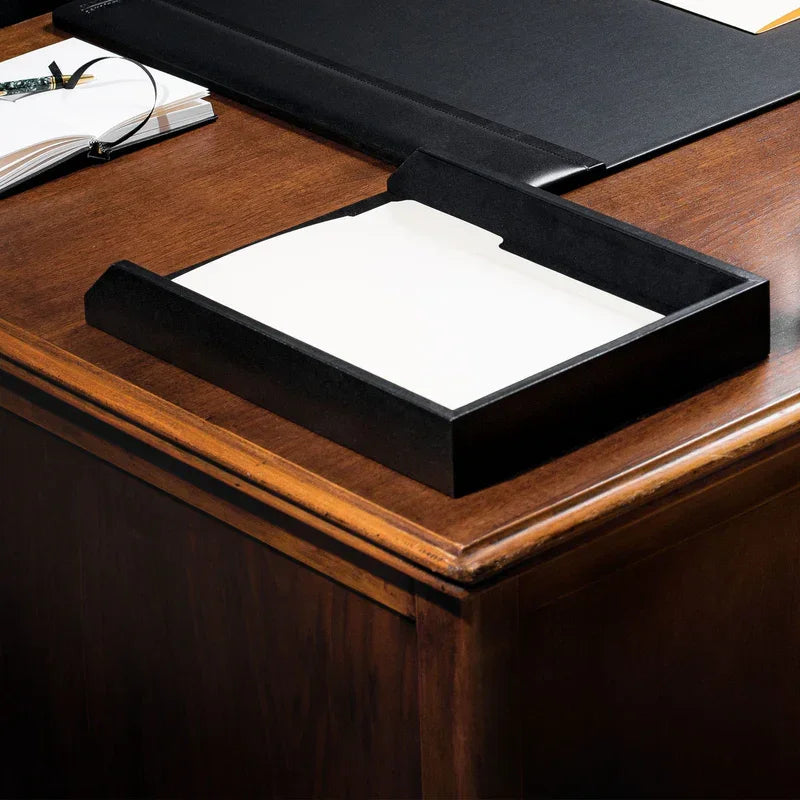 Black leather 3-piece desk set with paper tray and organizer on wooden office desk