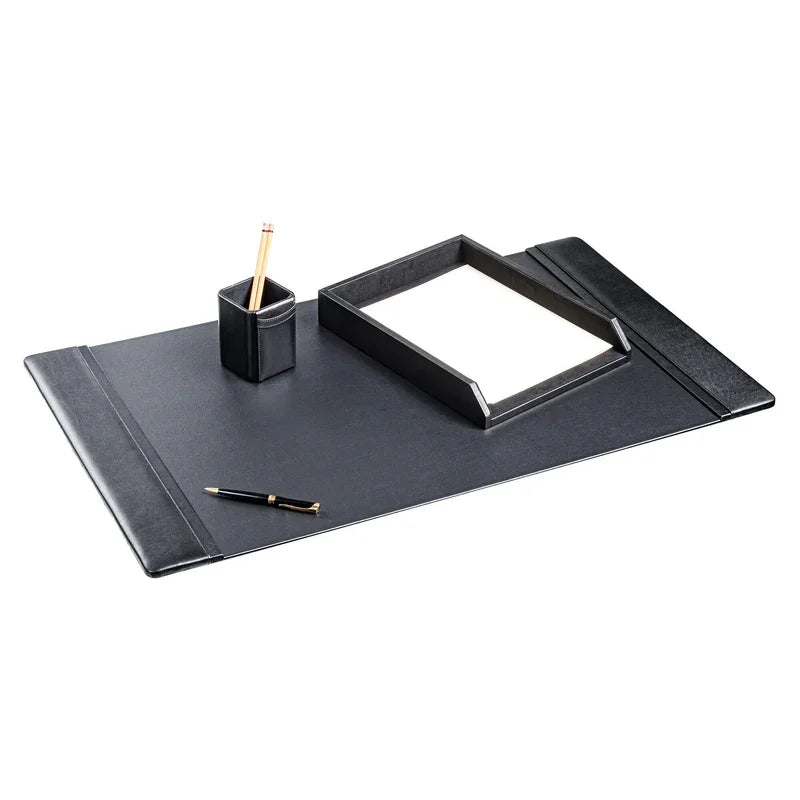 Black leather 3-piece desk set with desk pad, pen holder, and letter tray on white background