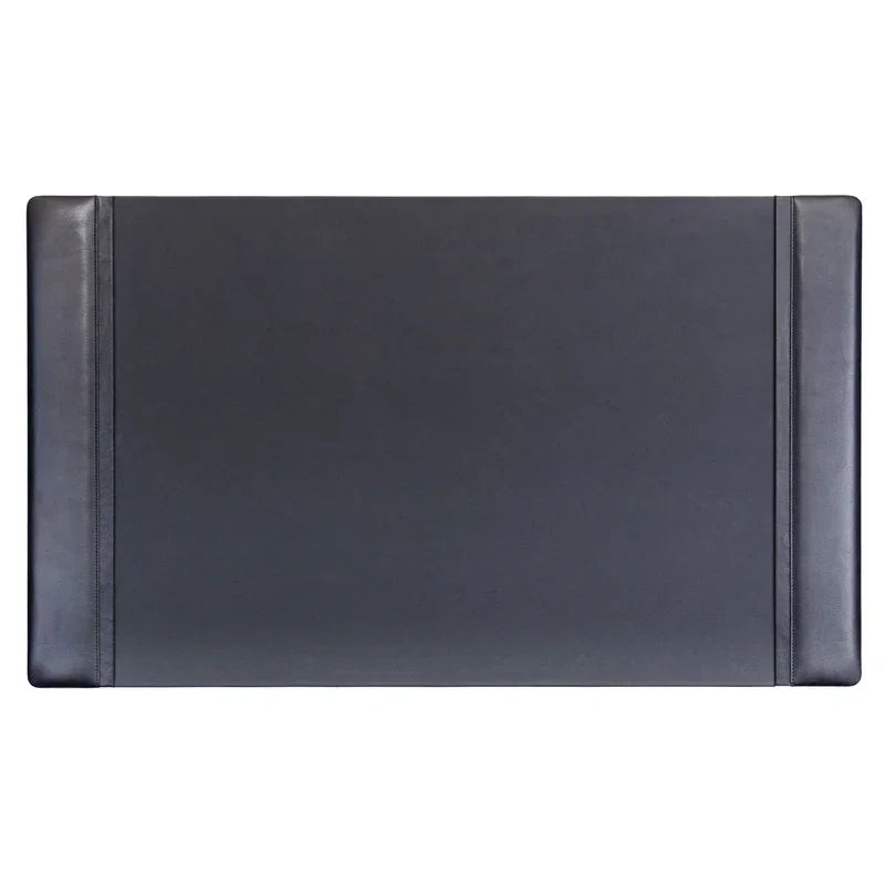 Black leather desk pad with side rails, rectangular 34 x 20 inch office accessory