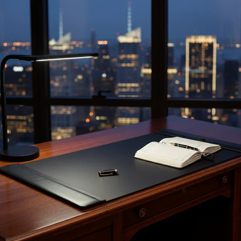 Black leather desk pad with side rails on a wooden desk, lit by lamp, city view at night.